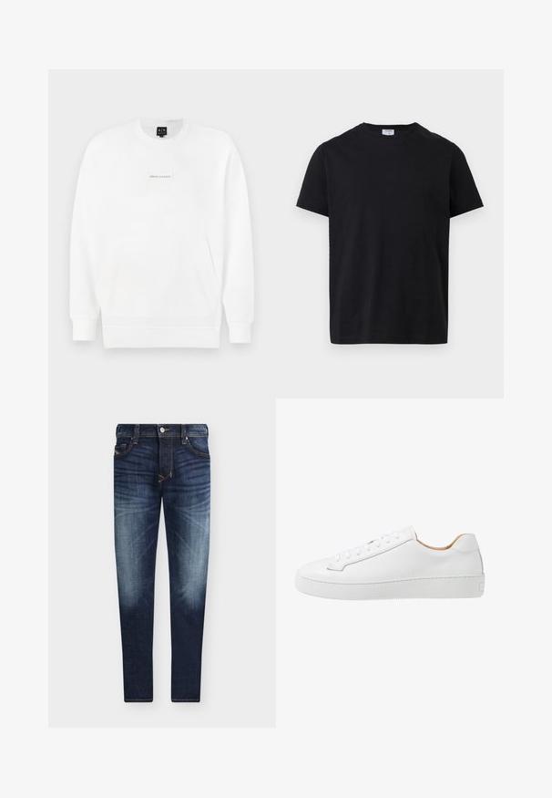 Witte lange mouwen sweatshirt met ronde hals, voorzak en 'Armani Exchange'-label in het midden van de borst.; Zwarte T-shirt met korte mouwen en een ronde hals, met een klein wit label aan de binnenkant van de kraag, plat gelegd op een witte achtergrond.; Donkerblauwe slim-fit jeans met vervaagde wassing op dijen en knieën, voorzien van knoopsluiting aan de voorkant, rits en een ontwerp met vijf zakken.; Witte leren sneaker met een gladde afwerking, ronde neus, platte vetersluiting en een dikke rubberen zool met een gestructureerd grippatroon.