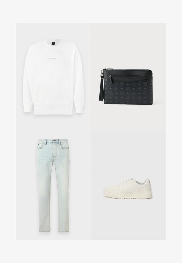 Weißes Langarm-Sweatshirt mit Rundhalsausschnitt, Bauchtasche und zentriertem "Armani Exchange"-Etikett auf der Brust.; Hellblaue Denim-Jeans mit geradem Schnitt, fünf Taschen und dezenten Used-Details, mit kontrastierenden Nähten und einem Knopfverschluss.; Weißes Sneaker-Modell mit einer glatten Lederoberfläche, runder Zehenpartie, flachen Schnürsenkeln und einer strukturierten Gummisohle. Ein roter Akzent befindet sich an der Ferse.; Schwarze Lederetui mit strukturierter Oberfläche, ausgestattet mit einem Reißverschlusstasche, tonalem Logomuster und einem abnehmbaren Handgelenksriemen.