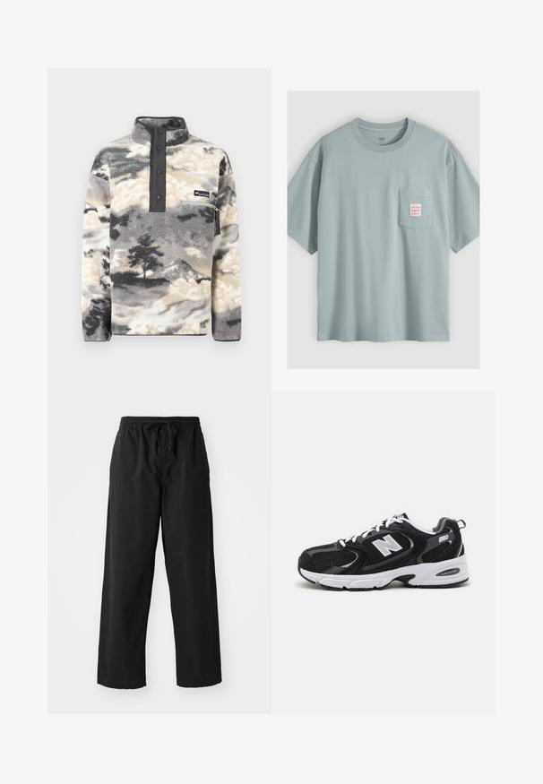Pull polaire avec patte de boutonnage pressionnée, poche poitrine zippée, et motif nuage et arbre en gris, noir et crème.; T-shirt en coton bleu clair à manches courtes avec une poche poitrine comportant une petite étiquette blanche avec un texte rouge.; Pantalons larges noirs en tissu doux avec taille élastique et cordon de serrage ajustable, présentant une texture lisse et sans motifs visibles.; Baskets de sport noires et grises avec un tige en mesh et en suède, présentant une semelle intermédiaire blanche, des lacets et un logo "N" audacieux sur le côté.