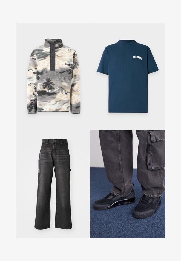 Fleece-trøje med trykknaplukning, brystlomme med lynlås og gråt, sort og cremefarvet mønster af skyer og træer.; Marineblå bomulds t-shirt med korte ærmer og rund hals. Har et hvidt "Carhartt"-logo trykt på venstre bryst.; Bredde ben, sorte denim bukser lavet af blød bomuld med en falmet finish. Har en frontknaplukning og sidelommer.; Sorte sportsko med en struktureret overflade, glatte detaljer og en kraftig sål, der er parret med mørke, løstsiddende cargo-bukser.