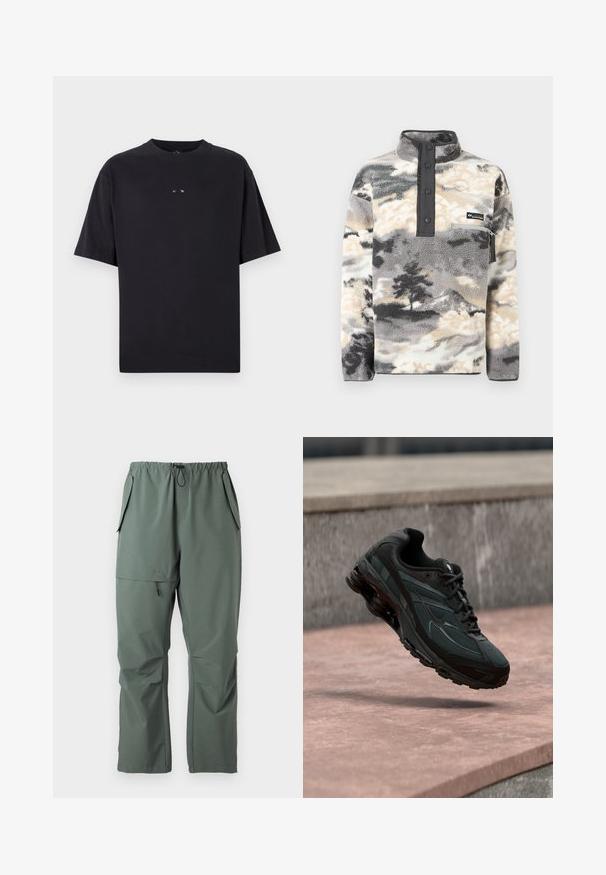 Fleece-Pullover mit Druckknopfleiste, Reißverschlusstasche auf der Brust und grauem, schwarzem, cremefarbenem Wolken- und Baum-Muster.; Oakley RISE TEE - T-Shirt basic - blackout; Grüne, leichte Hosen mit elastischem Bund, Kordelzug und mehreren Taschen. Glatte Textur mit einer lässigen, lockeren Passform.; Schwarzer athletischer Sneaker mit sichtbarer Air-Cushioning-Zwischensohle, der über einer rosa Steinoberfläche mit grauer Steinmauer im Hintergrund schwebt.