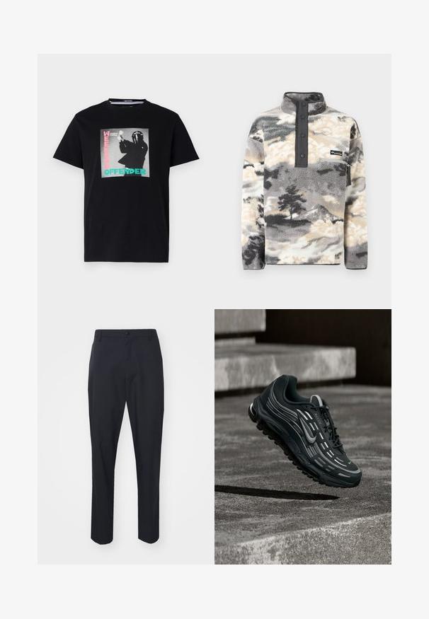 Fleece pullover met drukknopenlijst, borstzak met rits, en grijs, zwart, crème wolk- en bomenpatroon.; Zwarte katoenen t-shirt met een grafische print met de tekst "WEEKEND OFFENDER" en "London Calling", benadrukt in turquoise en roze.; Zwarte broek met een gladde textuur, recht model, knoopsluiting en riemlussen. Geen zichtbare patronen of accenten.; Zwarte en grijze Nike Air Max sneaker zwevend boven grijze betonnen trappen met een gestructureerde achtergrond van de grond.