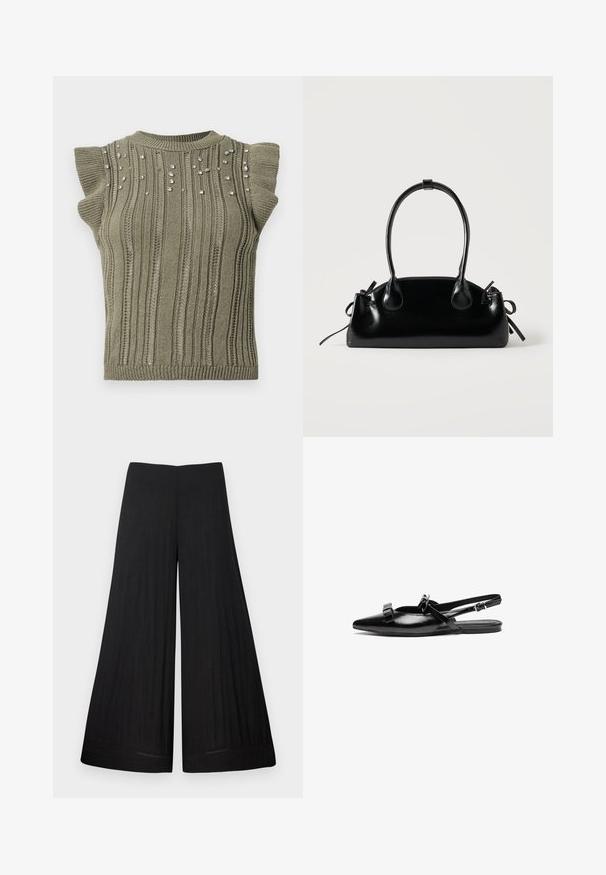 Top en tricot kaki avec texture côtelée, manches courtes à volants et accents de gemmes dispersés sur le devant. Encolure ras du cou et silhouette ajustée.; Pantalon noir à larges jambes en tissu léger. Il possède une taille plate et un matériau fluide, avec peu de détails de couture.; Chaussure plate à bride arrière en cuir noir avec un bout pointu, ornée de volants sur le avant-pied et d'une sangle à cheville réglable. Texture de surface lisse.; Petit sac à main noir brillant avec deux longues anses et des détails à cordon sur les côtés sur un fond clair uni.