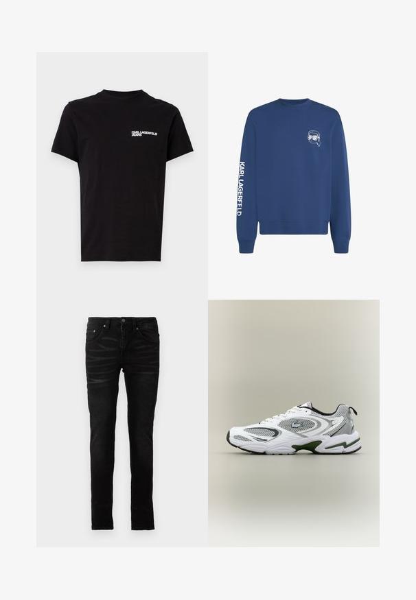 Sudadera azul marino hecha de una mezcla de algodón, con un pequeño gráfico en el pecho y el texto "KARL LAGERFELD" en blanco a lo largo de la manga.; Camiseta negra de algodón, con cuello redondo y mangas cortas. Texto del logo en blanco destacado en el área del lado izquierdo del pecho. Diseño simple.; Jeans negros ajustados con una textura de denim suave, diseño tradicional de cinco bolsillos, cierre con cremallera y detalles de desvanecimiento sutil en la tela.; Zapatilla deportiva de running en blanco y gris, con paneles de malla, acentos verdes, detalles en negro y un logo en el costado, vista desde el lado exterior.
