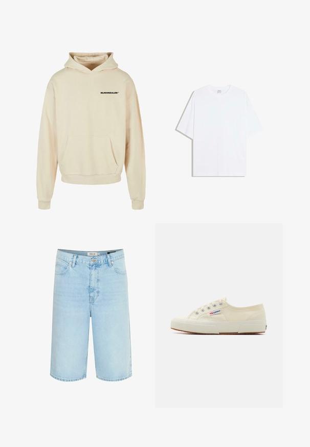 Cremfarbener Kapuzenpullover aus weichem Material, mit einer Fronttasche und einer Kordelzugkapuze. Schwarzes Logo "MJGONZALES" auf der Brust.; Weißes, übergroßes Baumwoll-T-Shirt mit rundem Ausschnitt und kurzen Ärmeln; glatte Textur, keine sichtbaren Muster oder Akzente.; Hellblaue Jeansshorts mit entspannter Passform, fünf Taschen-Design, einfache Knopfverschluss und Kontrastnähte entlang der Nähte.; Beige Leinen-Sneaker mit niedrigem Profil, Metallösen und Gummisohle. Mit einem strukturierten Muster und einem Logodetail an der Seite.