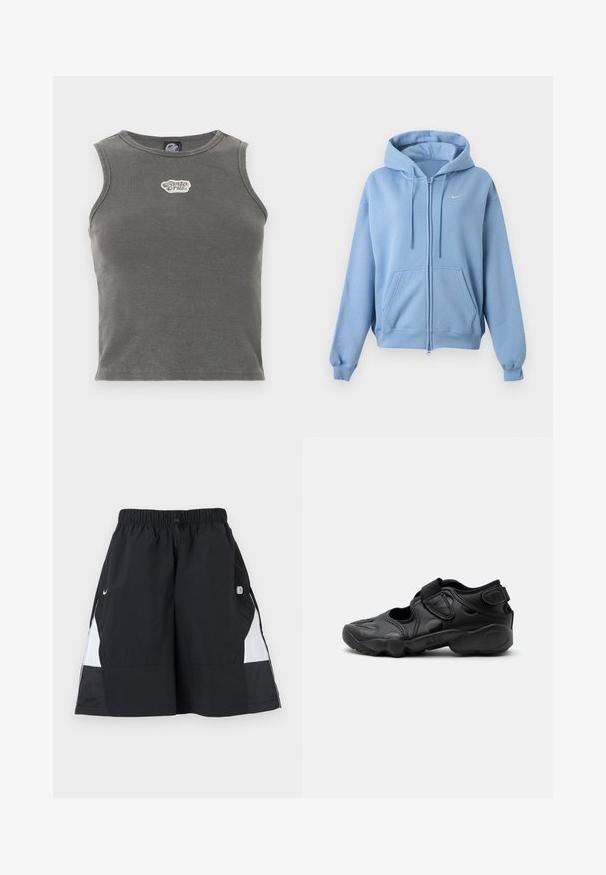 Sweat à capuche zippé bleu clair avec poches avant, capuche réglable avec cordon, poignets côtelés et petit logo Nike blanc sur la poitrine.; Haut court gris côtelé sans manches avec encolure ronde et patch logo blanc "Santa Cruz" centré sur la poitrine.; Shorts de sport noirs et blancs avec taille élastique et cordon de serrage, ornés du logo swoosh de Nike et d'un petit patch sur le côté droit.; Sandale de sport noire avec bout fermé, brides Velcro au médio-pied et au talon, et semelle épaisse et rembourrée marquée "AIR" sur le côté.