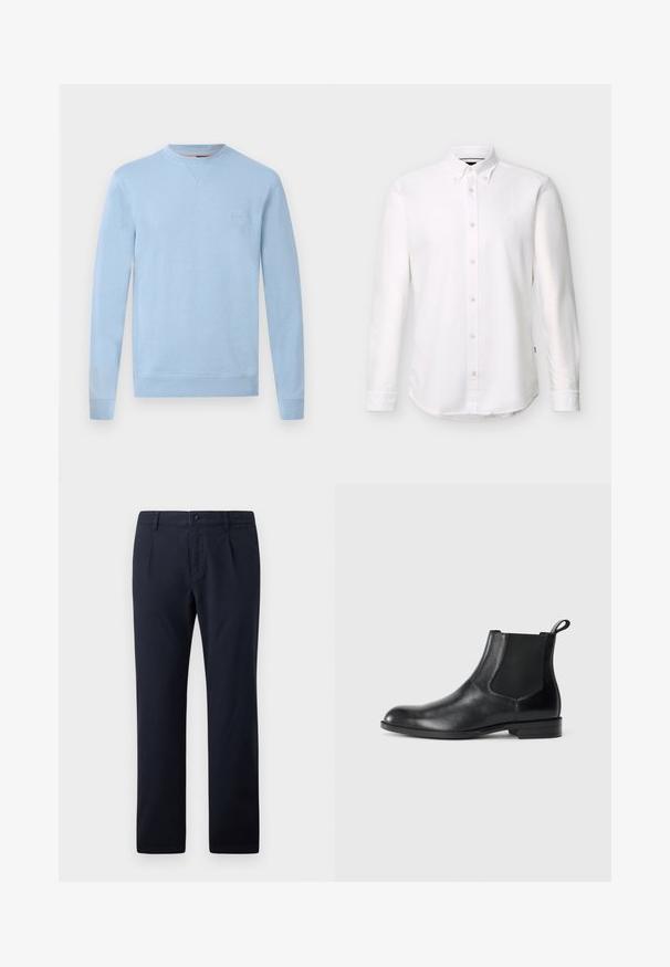 Hellblaue Sweatshirt mit Rundhalsausschnitt und langen Ärmeln, mit gerippten Bündchen und Saum, mit einem kleinen quadratischen Logo-Patch auf der linken Brustseite.; Weißes langärmeliges Hemd mit Knopfleiste, Button-Down-Kragen und kleinem, links auf der Brust aufgesticktem Logo.; Marineblaue Hosen aus einem Baumwoll-Mischgewebe, mit einem flachen Vorderdesign, zwei Seitentaschen und dezenten Falten.; Schwarze Leder-Stiefelette mit elastischen Seiteneinsätzen, abgerundeter Zehenpartie und einem Zugschlauf. Glatte Textur, flache Sohle, minimalistisches Design.