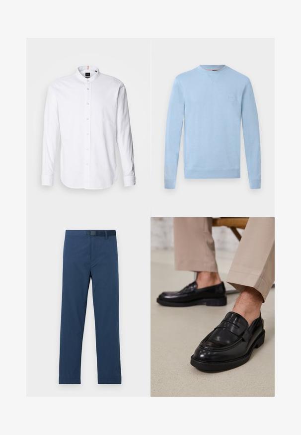 Sudadera de manga larga y cuello redondo en azul claro, con puños y dobladillo acanalados, y un pequeño parche cuadrado con el logo en el lado izquierdo del pecho.; Camisa blanca de manga larga con cuello de banda, cierre de botones en el frente y dobladillo redondeado. Hecha de algodón, presenta una textura suave y un brillo sutil.; Pantalones azul marino hechos de tela suave, con un corte regular, piernas rectas y un cierre de botón y broche en la cintura.; Mocasines de cuero negro con un acabado suave, que cuentan con una correa decorativa y costuras en contraste, combinados con pantalones beiges.