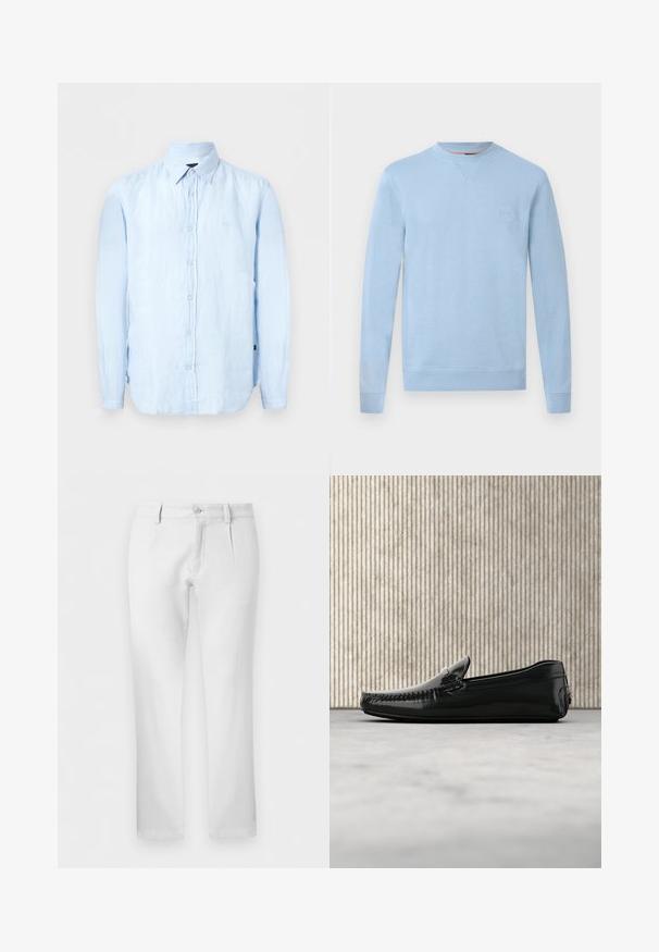 Sweat-shirt bleu clair à manches longues avec col rond, poignets et ourlet côtelés, avec un petit patch logo carré sur la poitrine gauche.; Chemise bleu clair à manches longues avec boutons et col pointu, fabriquée dans un tissu légèrement texturé.; Pantalon blanc droit avec passants pour ceinture, fermeture par bouton et plis avant sur fond uni.; Mocassins en cuir noir avec une finition brillante, bout rond et quincaillerie décorative à l'avant. Semelle en caoutchouc à profil bas. Texture lisse.