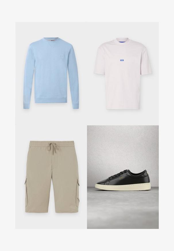 Lyseblå langærmet crewneck-sweatshirt med ribstrikkede manchetter og kant, med en lille firkantet logo-patch på venstre bryst.; Enkelt lyserød T-shirt med korte ærmer og en lille blå "HUGO"-logo centreret på brystet samt en ribstrikket rund hals.; Beige cargo shorts med elastisk talje og snor. Har sidelommer og et glat, let stof.; Sort lavtop sneakers med sorte snørebånd, hvid sål og gyldent "HUGO"-logo på siden og hælen mod en ensfarvet baggrund.