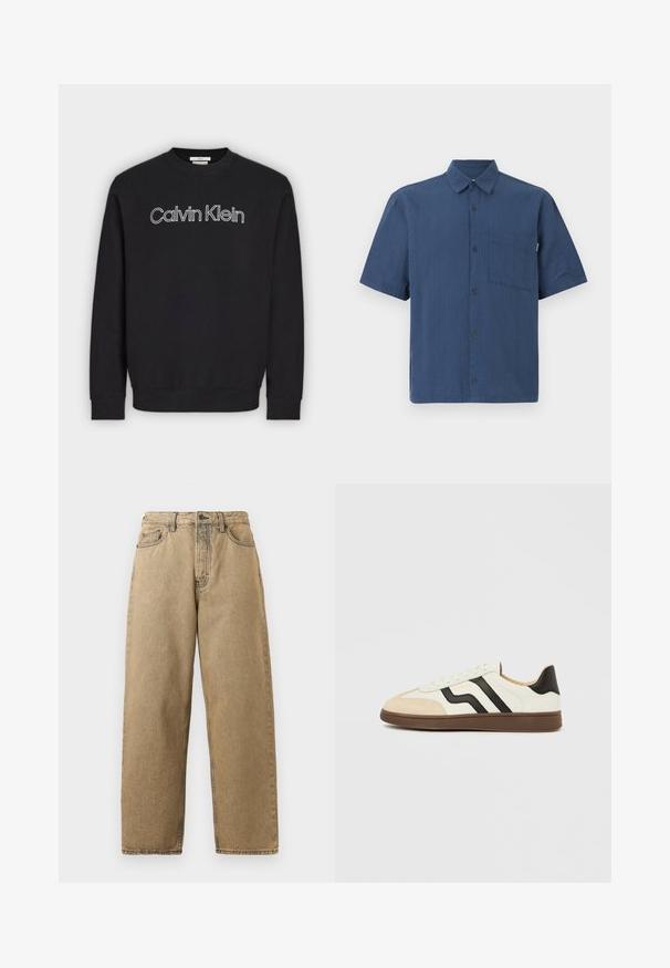 Schwarzes Sweatshirt mit langen Ärmeln und Rundhalsausschnitt, weiß umrandetes „Calvin Klein“-Logo in der Mitte auf der Brust, gerippte Bündchen und Saum.; Kurzärmeliges marineblaues Hemd zum Knöpfen mit Brusttasche und klassischem Kragen auf schlichtem Hintergrund.; Beige Denim-Jeans mit geradem Bein, ausgestattet mit einem Reißverschluss, Gürtelschlaufen und kontrastierenden Nähten. Keine auffälligen Muster oder Hardware-Details.; Weißer Ledersneaker mit schwarzen Streifen und hellbraunem Wildleder-Zehenkappe. Gummisohle in Dunkelbraun. Schnürsenkel und gepolsterter Kragen vervollständigen das Design.