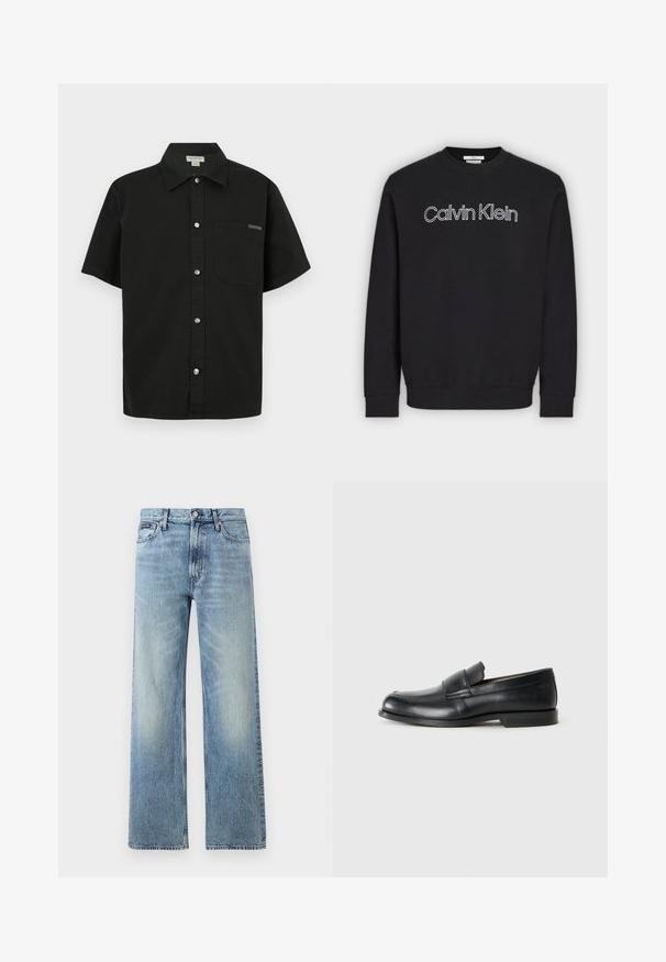 Sort sweatshirt med lange ærmer og rund hals med hvidt kontureret "Calvin Klein" logo centreret på brystet, ribbede manchetter og kant.; Sort kortærmet shirt lavet af bomuld, med knaplukning foran, en enkelt brystlomme og et lille logo nær lommen.; Lyseblå denim jeans med lige ben, højt talje, fem lommer, knaplukning og diskrete falmede områder på lår og knæ.; Sorte læder loafers med rund tå, syet detaljer og en flad gummisål. Har en bred rem over vristen.