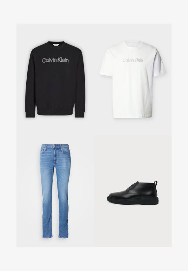 Čierna mikina s dlhým rukávom a okrúhlym výstrihom, s bielym obrysom loga „Calvin Klein“ v strede na hrudi, rebrované manžety a lem.; Biele krátke tričko s krátkymi rukávmi vyrobené z bavlny, s šedým logom "Calvin Klein" cez hruď v minimalistickom písme.; Pánske modré denimové džínsy so strihom na rovno, prednými a zadnými vreckami a malou značkou Calvin Klein pri prednom pravom vrecku.; Čierna kožená členková šnurovacia obuv s hrubou gumovou podrážkou a ťahacím pútkom na päte, zobrazená v bočnom profile na jednofarebnom pozadí.