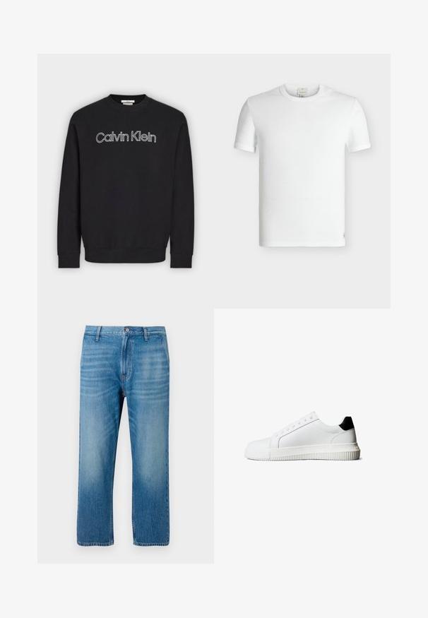 Čierna mikina s dlhým rukávom a okrúhlym výstrihom, s bielym obrysom loga „Calvin Klein“ v strede na hrudi, rebrované manžety a lem.; Jednoduché biele krátke rukávy rebrované bavlnené tričko s okrúhlym výstrihom a malou prišitou etikietou blízko spodného lemu.; Svetlomodré denimové džínsy so stredným strihom, dizajnom s piatimi vreckami, zapínaním na gombík a jemným vyblednutím na prednej strane. Bez viditeľných vzorov.; Biele kožené tenisky s čiernym akcentom na päte, vybavené plochými šnúrkami, zaoblenou špičkou a rebrovanou gumovou podrážkou pre lepšiu priľnavosť.