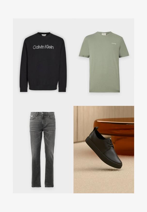 Čierna mikina s dlhým rukávom a okrúhlym výstrihom, s bielym obrysom loga „Calvin Klein“ v strede na hrudi, rebrované manžety a lem.; Krátky rukáv olivovo zelené tričko Calvin Klein s okrúhlym výstrihom a malým logom na ľavej strane hrudníka.; Tmavošedé džínsy s rovnými nohavicami, dizajnom s piatimi vreckami, jemným vyblednutím a kovovými detailmi v oblasti pásu.; Čierna kožená neformálna teniska so šnúrkami, vznášajúca sa nad béžovým kobercom, na pozadí s okrúhlym jantárovým skleneným stolíkom.