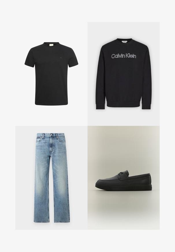 Zwarte sweater met lange mouwen en ronde hals met wit omlijnd "Calvin Klein"-logo gecentreerd op de borst, geribde boorden aan mouwen en zoom.; Zwart T-shirt met korte mouwen en ronde hals met een klein subtiel "cK" logo op de linkerborst.; Lichtblauwe denim jeans met rechte pijpen, een hoge taille, vijf zakken, knoopsluiting en subtiele vervaging op de dijen en knieën.; Zwarte casual leren loafer met veters en dikke rubberen zool, zijaanzicht op een neutrale achtergrond.