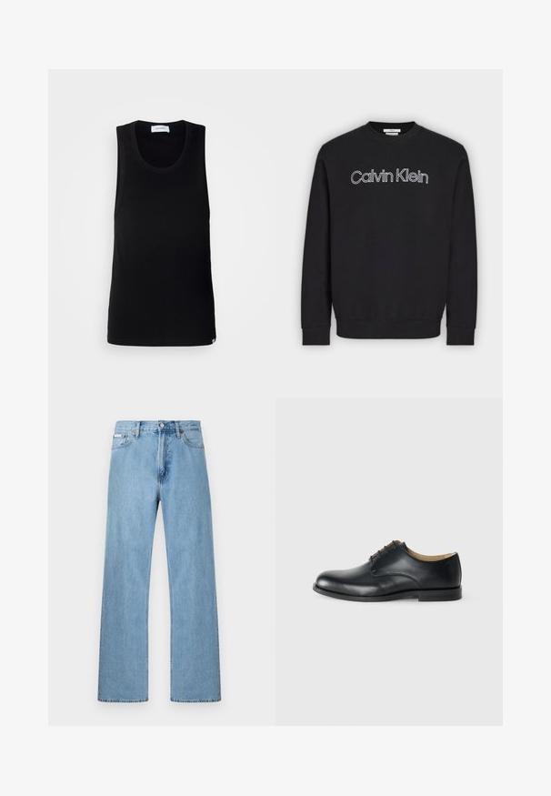 Sudadera negra de manga larga con cuello redondo y logo "Calvin Klein" delineado en blanco, centrado en el pecho, puños y bajo acanalados.; Camiseta sin mangas negra de algodón, con un escote redondo y un diseño sencillo que presenta una etiqueta de marca sutil en el dobladillo.; Vaqueros de mezclilla azul claro de pierna recta con diseño de cinco bolsillos y cierre de botón en la cintura, exhibidos sobre un fondo simple.; Calvin Klein ESS DERBY - Zapatos de vestir - triple black