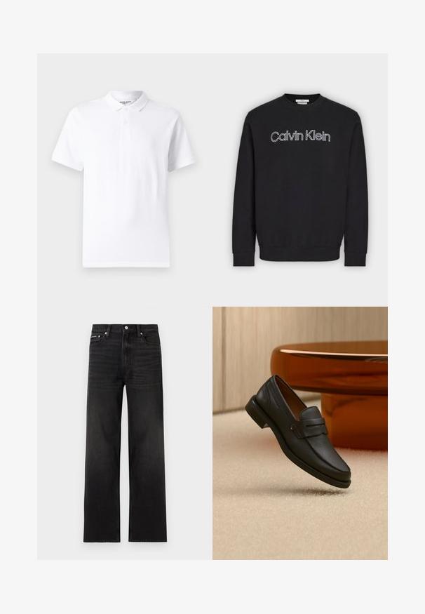 Sweat-shirt noir à manches longues avec col rond et logo « Calvin Klein » en contour blanc centré sur la poitrine, poignets et ourlet côtelés.; Polo shirt blanc avec un col classique, une patte de boutonnage à deux boutons, des manches courtes et un petit logo sur la poitrine. Fabriqué en tissu lisse.; Jean noir droit avec cinq poches, passants pour ceinture et fermeture par bouton, présenté sur un fond blanc.; Mocassin homme en cuir noir avec une bande sur le dessus, présenté sur un tapis beige près d'une table ronde moderne marron.