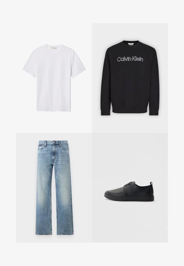 Sort sweatshirt med lange ærmer og rund hals med hvidt kontureret "Calvin Klein" logo centreret på brystet, ribbede manchetter og kant.; Hvidt ensfarvet T-shirt med korte ærmer og rund hals, med lille præget logo på venstre bryst og mærke indeni kraven.; Lyseblå denim jeans med lige ben, højt talje, fem lommer, knaplukning og diskrete falmede områder på lår og knæ.; Sorte lædersneakers med en glat finish, rund tå, tonalt syning, snøring foran og en flad gummisål. Løkke ved hælen.