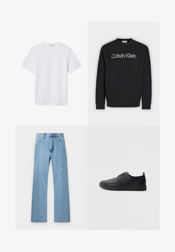 Sort sweatshirt med lange ærmer og rund hals med hvidt kontureret "Calvin Klein" logo centreret på brystet, ribbede manchetter og kant.; Hvidt ensfarvet T-shirt med korte ærmer og rund hals, med lille præget logo på venstre bryst og mærke indeni kraven.; Lyseblå straight-leg jeans i denim med fem-lomme-design og knaplukning i taljen, vist mod en ensfarvet baggrund.; Sorte lædersneakers med en glat finish, rund tå, tonalt syning, snøring foran og en flad gummisål. Løkke ved hælen.