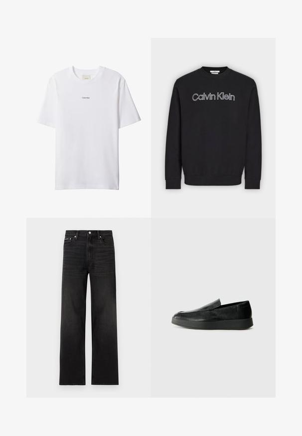 Sort sweatshirt med lange ærmer og rund hals med hvidt kontureret "Calvin Klein" logo centreret på brystet, ribbede manchetter og kant.; Hvid bomuld t-shirt med rund hals og korte ærmer. Har en lille sort "Calvin Klein"-logo centreret på brystet.; Sorte jeans med lige ben, fem-lomme design, bæltestropper og knaplukning, vist på en hvid baggrund.; Calvin Klein HYBRID CUP - Loafers - triple black