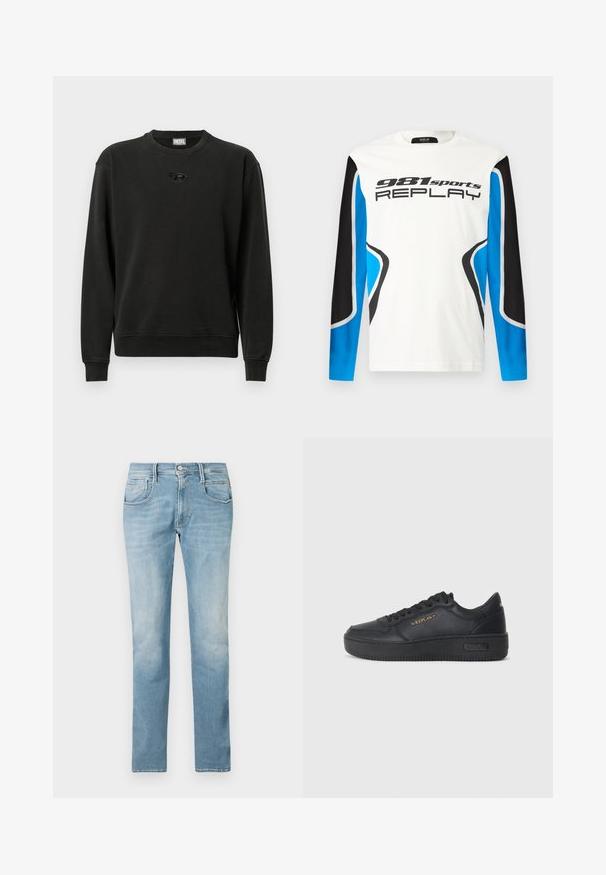 Sudadera negra hecha de tela suave, con cuello redondo, puños acanalados y un pequeño logo en el centro. Diseño informal y de ajuste relajado.; Camisa deportiva de manga larga con el frente blanco, paneles de mangas en negro y azul, y el logotipo "981 sports REPLAY" impreso en el pecho.; Jeans de denim azul claro con un diseño de pierna recta, estilo de cinco bolsillos y un acabado desgastado. Cuenta con un cierre frontal de botón y cremallera.; Replay EPIC HIGH - Zapatillas - black
