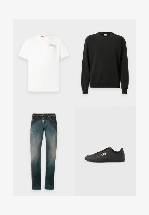 Sweat-shirt noir en tissu doux, avec un col rond, des poignets côtelés et un petit logo au centre. Conception décontractée et confortable.; T-shirt en coton blanc à manches courtes, arborant un logo "DIESEL" rose brodé sur le côté gauche de la poitrine et un col rond classique.; Jeans en denim slim-fit bleu délavé avec un léger effet usé et des détails de moustaches, présentant des poches avant et arrière ainsi que des passants de ceinture.; Baskets synthétiques noires avec une semelle noire texturée, un bout rond et des lacets plats noirs. Logo blanc remarquablement placé sur le côté extérieur.