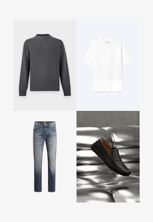 Grå striktrøje med rund hals, lange ærmer samt ribbede manchetter og kant. Blød tekstur med en glat finish. Enkel, moderne design.; Enkel hvid T-shirt med korte ærmer og rund hals med afslappet pasform, vist på en lys baggrund.; Slim-fit jeans lavet af denimstof, med en mellemblå vask, fem lommer og syede detaljer på sømmene.; Sort læderloafer, der svæver over en skinnende sølvfarvet tuftet lædersofa med blød belysning.