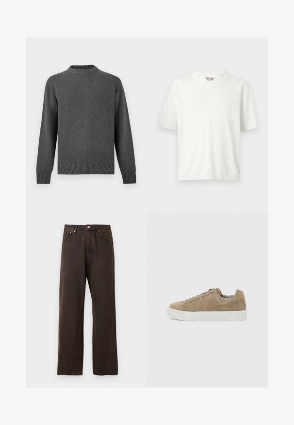 Pull en tricot gris avec un col rond, des manches longues et des bords côtes aux poignets et à l'ourlet. Texture douce avec une finition lisse. Design simple et moderne.; Polo en maille blanc à manches courtes avec un col souple et un col en V de la marque Only & Sons.; Jeans en denim marron foncé avec une coupe droite, comportant cinq poches, un bouton en cuivre et des détails de couture subtils.; Baskets basses en daim beige avec lacets beiges et semelle en caoutchouc blanche, vues de profil sur un fond gris clair.