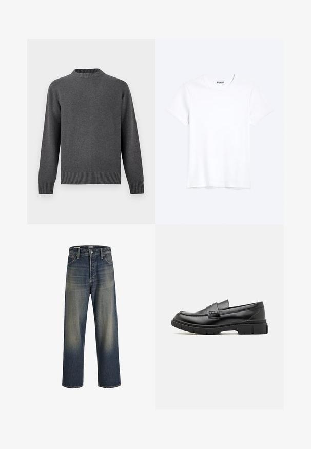 Grå striktrøje med rund hals, lange ærmer samt ribbede manchetter og kant. Blød tekstur med en glat finish. Enkel, moderne design.; Enkelt hvid T-shirt med korte ærmer og rund hals med synligt WEEKDAY-mærke i kraven, vist på en lys baggrund.; Bredde ben jeans i mørkeblå denim med en gradient finish, der har en knaplukning, fem lomme-design og strukturerede syninger.; Sort læder loafersko med en bred rem over forfoden, gummisål med tykke mønstre og glat overflade. Klassisk, slankt design.