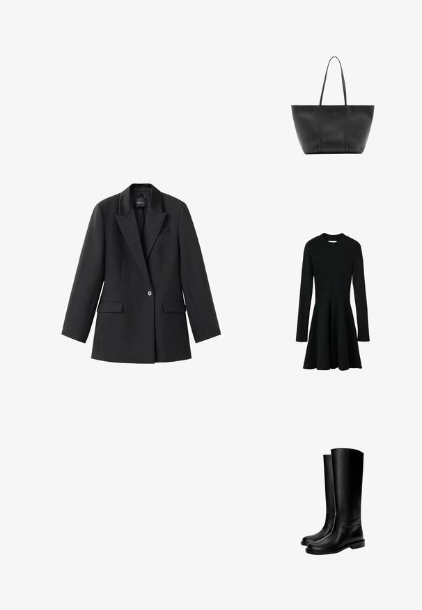 Schwarzes, geripptes Langarmkleid mit tailliertem Oberteil und ausgestellt Rock. Mit rundem Ausschnitt und strukturiertem Strickstoff.; Schwarzer Blazer aus glattem Stoff, mit Reverskragen, einem einzelnen Knopfverschluss und zwei seitlichen Taschen. Taillierte Passform mit langen Ärmeln.; Schwarze knielange Lederstiefel mit glatter Textur, runder Zehenform, flacher Sohle und minimalistischem Design, mit genähten Nähten und ohne sichtbare Beschläge.; Schwarze Ledertasche mit langen schlanken Henkeln, einer strukturierten Oberfläche und einem weit geöffneten oberen Bereich.