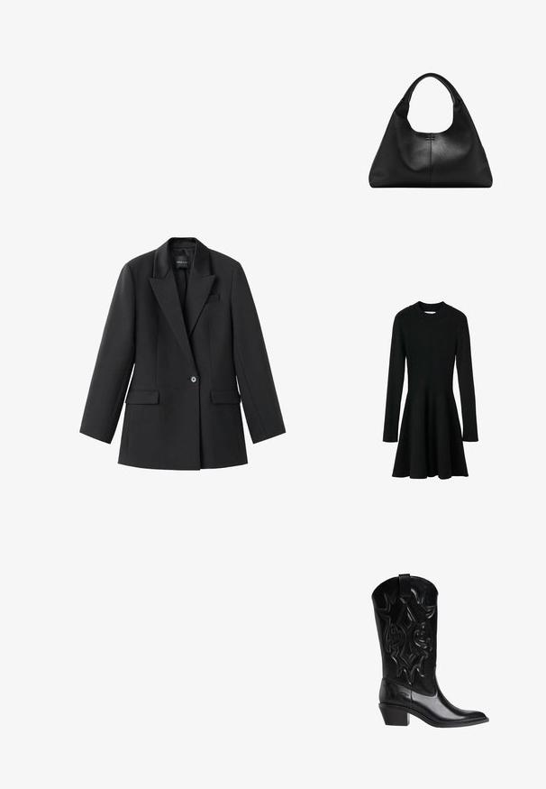 Schwarzes, geripptes Langarmkleid mit tailliertem Oberteil und ausgestellt Rock. Mit rundem Ausschnitt und strukturiertem Strickstoff.; Schwarzer Blazer aus glattem Stoff, mit Reverskragen, einem einzelnen Knopfverschluss und zwei seitlichen Taschen. Taillierte Passform mit langen Ärmeln.; Schwarze Leder-Cowboy-Stiefel mit gestickten Dekormustern, spitzem Zeh, schrägem Mittelabsatz und Zugschlaufe oben am Schaft.; Schwarze Handtasche aus strukturiertem Leder mit breitem Boden und dicken, abgerundeten Griffen, ausgestattet mit einer zentralen vertikalen Naht und feinen Steppnähten.