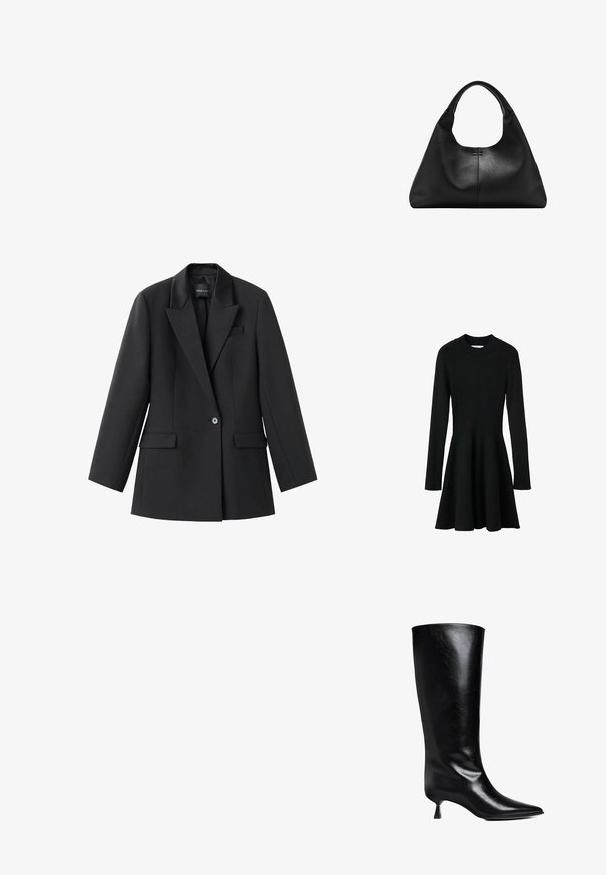 Sort ribbet langærmet kjole med tætsiddende liv og flagrende nederdel. Har en rund halsudskæring og tekstureret strikstof.; Sort blazer lavet af glat stof med en spids revers, enkelt knaplukning og to sidelommer. Skræddersyet pasform med lange ærmer.; Sort læderknæhøje støvler med spidse tæer, slank silhuet og en lav blokhæl med en blank finish.; Sort textured læderhåndtaske med bred bund og tykke, afrundede håndtag, der har en central lodret søm og subtil syningsdetalje.