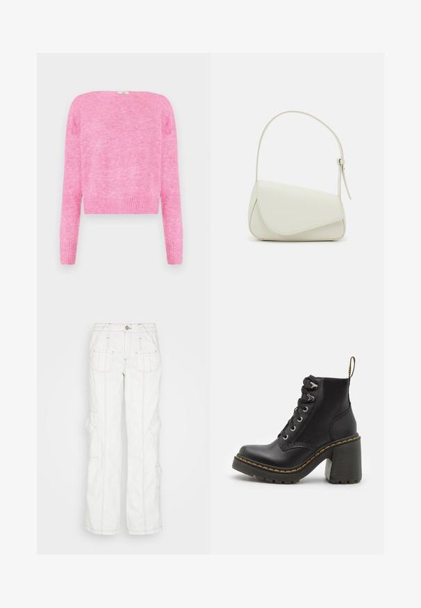 Rosa gestrickter kurzer Pullover mit langen Ärmeln, rundem Halsausschnitt sowie gerippten Bündchen und Saum. Weiche Textur mit leicht flauschigem Finish.; BDG Urban Outfitters Jeans Relaxed Fit - white; Schwarze Lederstiefelette mit einem klobigen hohen Absatz, Schnürung vorne, metallischen Ösen und gelben Nähten entlang der Sohle. Strukturierten Gummiaußensohle.; Weiße Kunstleder-Handtasche mit einer strukturierten dreieckigen Form, einem verstellbaren Einzelgurt und einem Klappenverschluss mit geschwungenen Akzenten.