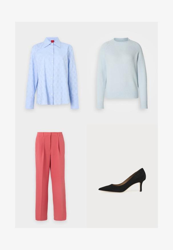 Pull bleu clair en matériau doux avec un col rond et des poignets et un ourlet côtelés. Doté d'un design simple et classique.; Chemise bleu clair à manches longues avec un col à boutons, un motif discret en relief et des boutons blancs sur la patte de boutonnage avant.; Pantalon taille haute sur mesure couleur corail rose, avec plis sur le devant, passants pour ceinture, et jambes droites, sur un fond clair uni.; Escarpin en daim noir à bout pointu avec un talon stiletto fin de hauteur moyenne et un design à coupe basse sur un fond uni.