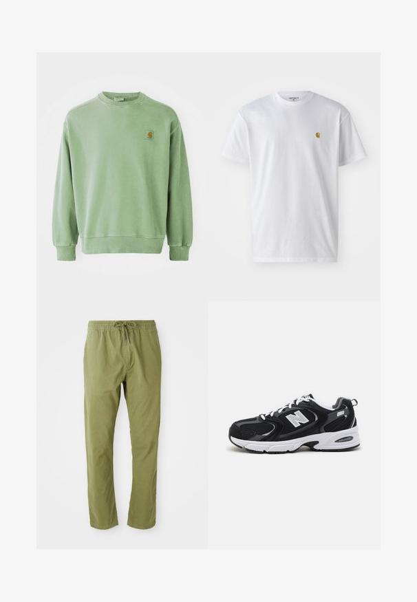 Sudadera verde claro de algodón, con cuello redondo, puños acanalados y un pequeño parche con logo en el lado izquierdo del pecho. Textura suave.; Camiseta de algodón blanca con mangas cortas, cuello redondo, que presenta un pequeño logo dorado en la parte izquierda del pecho. Textura suave y corte regular.; Pantalones de corte relajado en verde oliva con cinturilla elástica y cordón. Confeccionados en una tela suave con una textura lisa y perneras rectas.; Zapatillas deportivas en negro y gris con parte superior de malla y ante, que cuentan con una entresuela blanca, cordones y un llamativo logo "N" en el lateral.