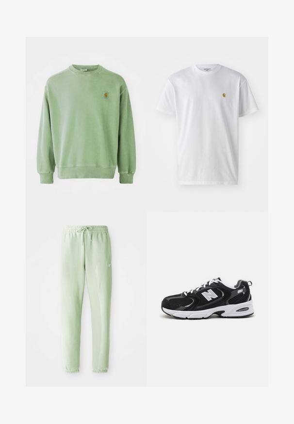 Sudadera verde claro de algodón, con cuello redondo, puños acanalados y un pequeño parche con logo en el lado izquierdo del pecho. Textura suave.; Camiseta de algodón blanca con mangas cortas, cuello redondo, que presenta un pequeño logo dorado en la parte izquierda del pecho. Textura suave y corte regular.; Pantalones de chándal verde claro, hechos de algodón suave, con cintura elástica y cordón, piernas ajustadas y puños gather.; Zapatillas deportivas en negro y gris con parte superior de malla y ante, que cuentan con una entresuela blanca, cordones y un llamativo logo "N" en el lateral.