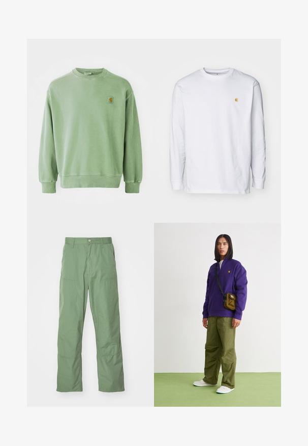 Sudadera verde claro de algodón, con cuello redondo, puños acanalados y un pequeño parche con logo en el lado izquierdo del pecho. Textura suave.; Camiseta de manga larga blanca de algodón. Cuenta con un pequeño logo dorado en el pecho y un cuello redondo. Diseño simple y corte estándar.; Pantalones de corte relajado en un suave tono verde claro, con una textura lisa, que incluyen bolsillos laterales y detalles de costura visibles. De largo completo con un diseño de pierna recta.; Jordan AIR JORDAN 1 ZM CMFT 2 - Zapatillas altas - summit white/bicoastal/oxidized green