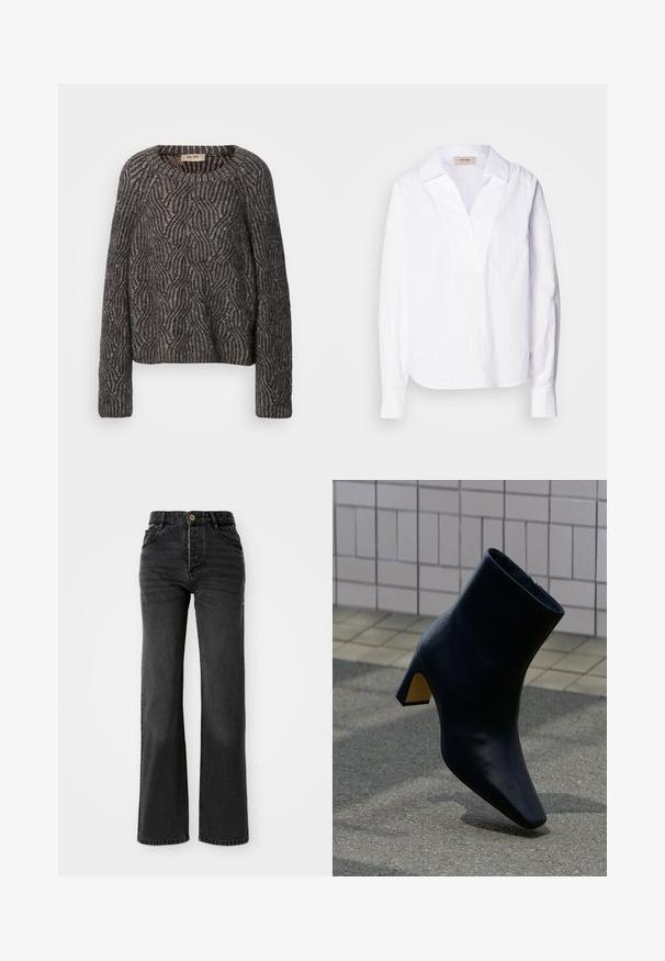 Pull en maille surdimensionné en gris foncé et noir. Présente un motif en vagues avec un léger scintillement et des poignets côtelés. Encolure ras du cou et coupe décontractée.; Chemise blanche à manches longues en tissu texturé léger, dotée d'un décolleté en V, d'un col surdimensionné et de fines rayures verticales.; Jean en denim noir avec taille haute, coupe droite, fermeture à bouton en laiton et décoloration subtile. Comprend quatre poches et des détails cousus.; Bottine noire en cuir avec talon bloc, posée sur un trottoir gris devant un mur clair carrelé.
