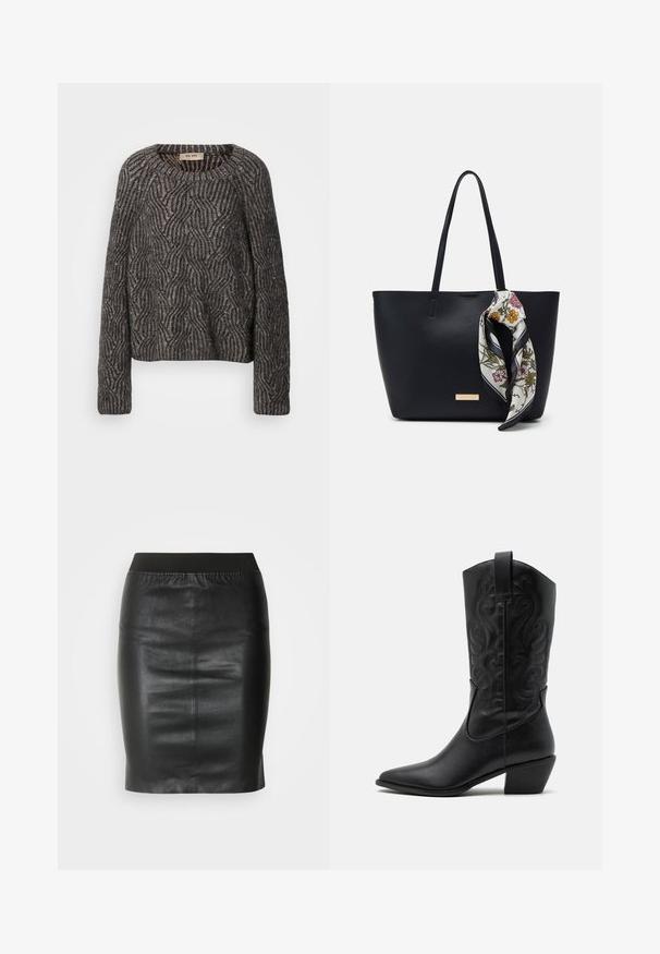 Strikket oversized sweater i mørkegrå og sort. Har et bølge mønster med subtil glans og ribbede ærmer. Rund halsudskæring og afslappet pasform.; Sort pencilsyning lavet af glat læder, med en elastisk talje for en tætsiddende silhuet og minimalistisk design.; Sorte læder cowboystøvler med spids tå, præget svungen mønster og en mid-højde hæl. Har en trækflap for nemt at tage på.; Sort læder tote taske med to skulderremme, prydet med et blomsterprint silkeslør bundet om håndtaget og en metallisk logo detalje på forsiden.