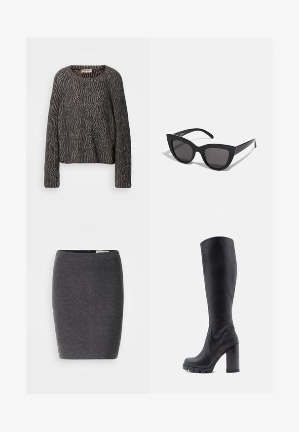 Strikket oversized sweater i mørkegrå og sort. Har et bølge mønster med subtil glans og ribbede ærmer. Rund halsudskæring og afslappet pasform.; Grå uld blyantskirt med en glat tekstur og tætsiddende design, med en diskret talje og uden synlige udsmykninger.; Sort knæhøj støvle, glat lædermateriale, kraftig hæl, rund tå, tekstureret sål med greb, slankt design uden udsmykninger.; Sorte cat-eye solbriller med mat finish, der har grå tonede linser, skarpe vinkler og slanke sidearme. Mærkenavnet er synligt på den indre arm.