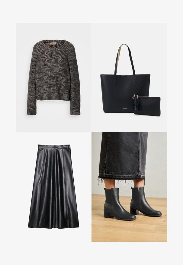 Texturiertes, oversized Sweatshirt in Dunkelgrau und Schwarz. Verfügt über ein Wellenmuster mit subtiler Schimmerwirkung und gerippten Bündchen. Rundhalsausschnitt und lockere Passform.; Schwarzer Leder-A-Linie-Rock mit Falten, der eine glatte Textur, einen figurschmeichelnden Bund und sichtbare Nahtdetails aufweist. Keine zusätzlichen Akzente.; Schwarze Leder-Ankle-Boots mit abgerundeter Spitze und Blockabsatz. Mit einem seitlichen Reißverschluss und glatter Textur. Getragen mit einem ausgefransten Denim-Rock.; Schwarze Tragetasche aus strukturiertem Material, mit zwei langen Griffen und einem abnehmbaren Reißverschlussbeutel mit Quastendetail. Goldenes Markenlogo sichtbar.