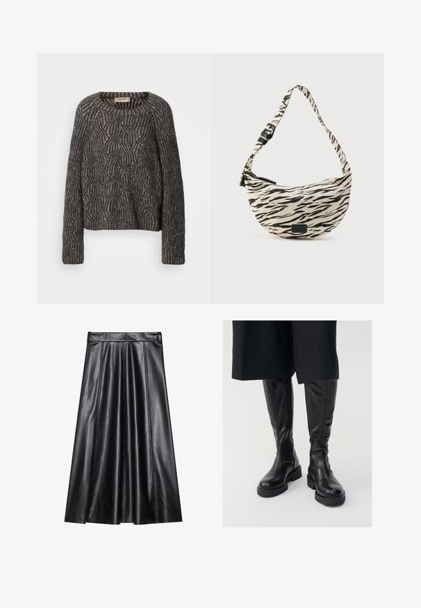 Strikket oversized sweater i mørkegrå og sort. Har et bølge mønster med subtil glans og ribbede ærmer. Rund halsudskæring og afslappet pasform.; Sort læder A-formet nederdel med plisseringer, der har en glat tekstur, tætsiddende talje og synlige sømdetaljer. Ingen ekstra accenter.; Sorte læder knæhøje støvler med en glat tekstur, kraftige såler og side-lynlåse. Designet har diskrete sømdetaljer.; Hobo-taske i beige stof med sorte zebrastriber, der har en buet form, justerbar strop og lynlåslukning med en lille logo-patch.