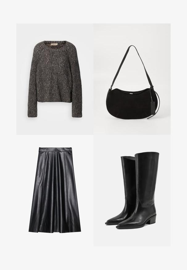 Strikket oversized sweater i mørkegrå og sort. Har et bølge mønster med subtil glans og ribbede ærmer. Rund halsudskæring og afslappet pasform.; Sort læder A-formet nederdel med plisseringer, der har en glat tekstur, tætsiddende talje og synlige sømdetaljer. Ingen ekstra accenter.; Par høje sorte læderstøvler med lave blokhæle og spidse tæer på en ensartet lys baggrund.; Sort ruskind skuldertaske med en buet form, justerbar rem og et lædermærke hængende fra den ene side.