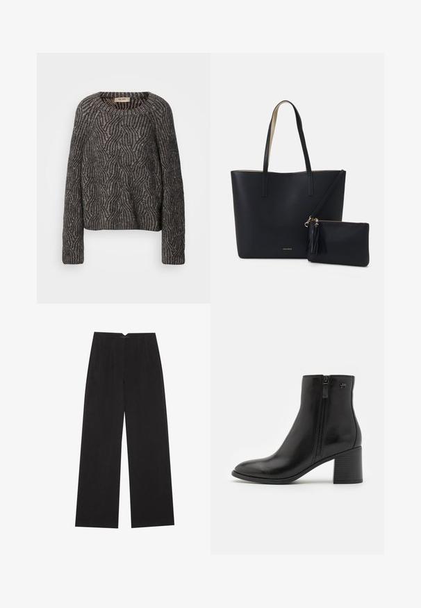Strikket oversized sweater i mørkegrå og sort. Har et bølge mønster med subtil glans og ribbede ærmer. Rund halsudskæring og afslappet pasform.; Anna Field Bukser - black; Sorte ankelstøvler lavet af glat læder med en lynlås på siden. De har en spids tå og en tekstureret blokhæl for stabilitet.; Sort tote taske med struktureret materiale, to lange håndtag og en aftagelig lynlåspose med en frynse-detalje. Guld mærkelogo synligt.