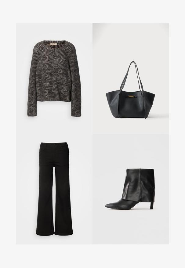 Strikket oversized sweater i mørkegrå og sort. Har et bølge mønster med subtil glans og ribbede ærmer. Rund halsudskæring og afslappet pasform.; Sorte brede bukser lavet af denimstof, med frontlommer, knaplukning og en glat tekstur med en ren finish.; Sort læderstøvle til midten af læggen med spids tå, foldet øvre skaft og slank lav hæl, der står på hvid baggrund.; Sort læder tote taske med dobbelte skulderstropper og en lille guldfarvet mærkeplade foran midt på.
