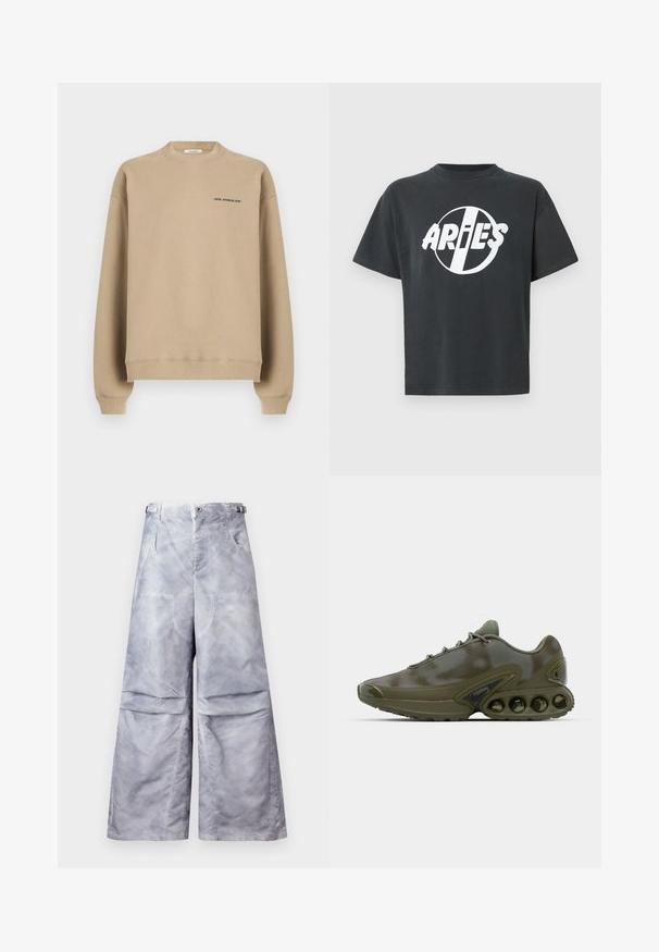 Beež crewneck-pusa pikkade varrukatega ja väike "HOLZWEILER" logo vasakul rinnal.; Must lühikeste varrukatega T-särk valge ringikujulise graafika ja sõnaga „ARIES“ paksus stiliseeritud kirjas rinnal.; Helehallid laia säärega püksid eestaskute, vööaasa ja reguleeritavate küljetiibadega, eksponeeritud neutraalsel taustal.; Tume roheline spordijalats tekstuuriga pealmise osaga, nööridega kinnitamine ja silmapaistev tallaosa, mis sisaldab kuut nähtavat õhkpadja üksust.