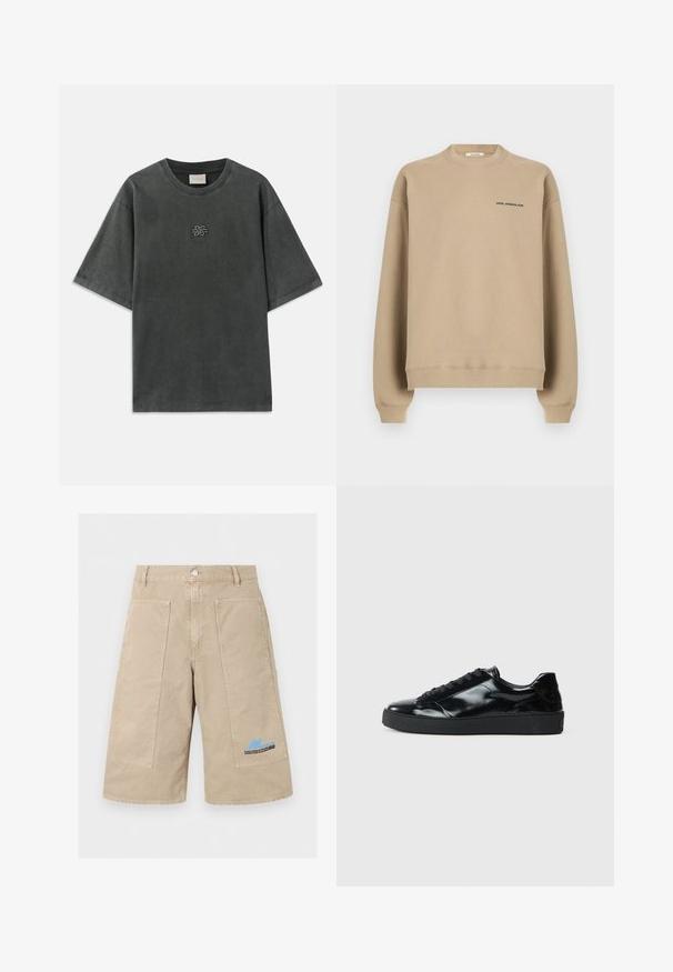 Beige värinen, pyöreäkauluksinen collegepaita, jossa on pitkät hihat ja pieni "HOLZWEILER"-logo vasemmassa rinnassa.; Tummanharmaa oversize-mallinen lyhythihainen t-paita, jossa pyöreä pääntie ja rintakehän keskellä pieni kirjailtu solmusomiste.; Beiget polvipituiset shortsit, joissa suuret etutaskut, napillinen suljenta, vyölenkit ja sininen tekstitarrasomiste oikeassa alatajassa.; Mustat lakatut nahkakengät pyöreällä varpaalla, nauhakiinnitys, teksturoitu kumipohja ja sileä pinta.