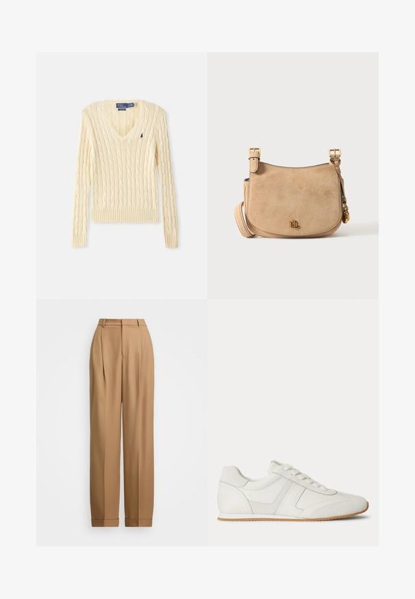 Cremefarbener Strickpullover mit Zopfmuster und V-Ausschnitt, langen Ärmeln und kleinem dunkelblauem Polo Ralph Lauren Logo auf der linken Brust.; Beige maßgeschneiderte Hose mit hoher Taille, gefalteter Vorderseite, schmal zulaufenden Beinen und aufgerollten Säumen. Glattes Material mit einer feinen Textur.; Weißer Sneaker mit niedrigem Schaft, Schnürung vorne, Velours- und Lederpaneelen sowie einer hellbraunen Gummisohle auf weißem Hintergrund.; Beige Veloursleder Umhängetasche mit goldenen Schnallenriemen und kleinem goldenen "RL" Logo vorne, vor einem einfarbigen hellen Hintergrund.