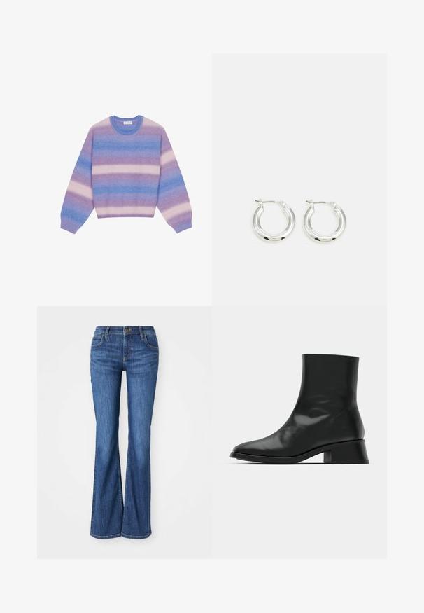 Gestreifter Pullover mit Farbtönen in Lila und Blau, Crew-Hals und gerippten Bündchen. Weicher Stoff und lässige Passform.; Blaue Denim-Bootcut-Jeans mit Fronttaschen, Knopfverschluss und Gürtelschlaufen, auf einem weißen Hintergrund präsentiert.; Schwarze Ankle Boots aus glänzendem Leder, mit einem eleganten Design, spitzer Zehenpartie und einem moderaten Blockabsatz für Stabilität.; Silberne Creolen mit glänzender Oberfläche, die eine kreisrunde Form haben und mit einem schwenkbaren Verschluss ausgestattet sind. Glatte Textur mit minimalen Details.